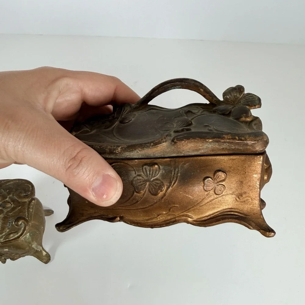 2 Antique Victorian Jewelry Trinket Box Art Nouveau Casket Gold Gilt Floral Rose